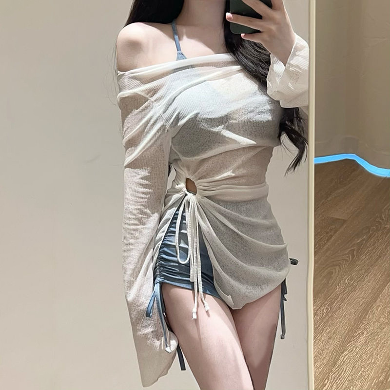 女性用水着 スプリットタイダイ ブルー ボクサービキニ カバーアップ 3点セット ピュア セクシー スリミング コンサバ リゾート|undefined