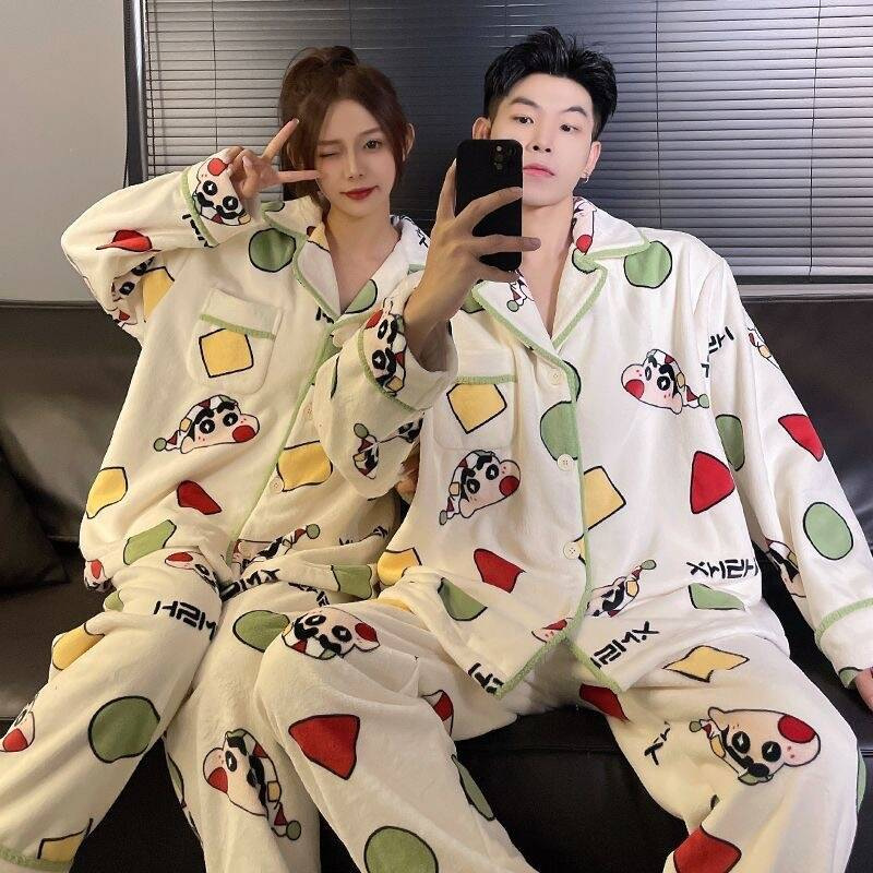 Winter Korean Geometric Xiaoxin Pajamas for Women Cartoon Sweet Flannel Student Home Clothes Thick Coral Velvet Live Broadcast Style