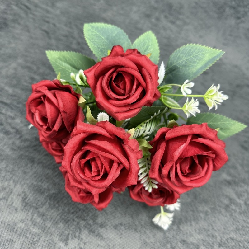 Simulación de 7 rosas rojas hechas a mano ramo de rosas bodas decoración del hogar decoración floral falsa adornos al por mayor