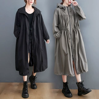 2026春装新款时尚风衣百搭连帽收腰大码显瘦长款外套女