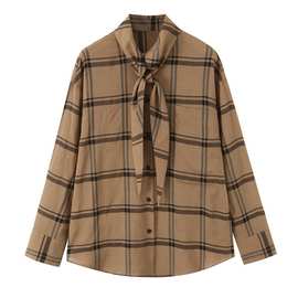 外贸2025欧美秋季新款气质时尚围巾领格子衬衫上衣女 8982870