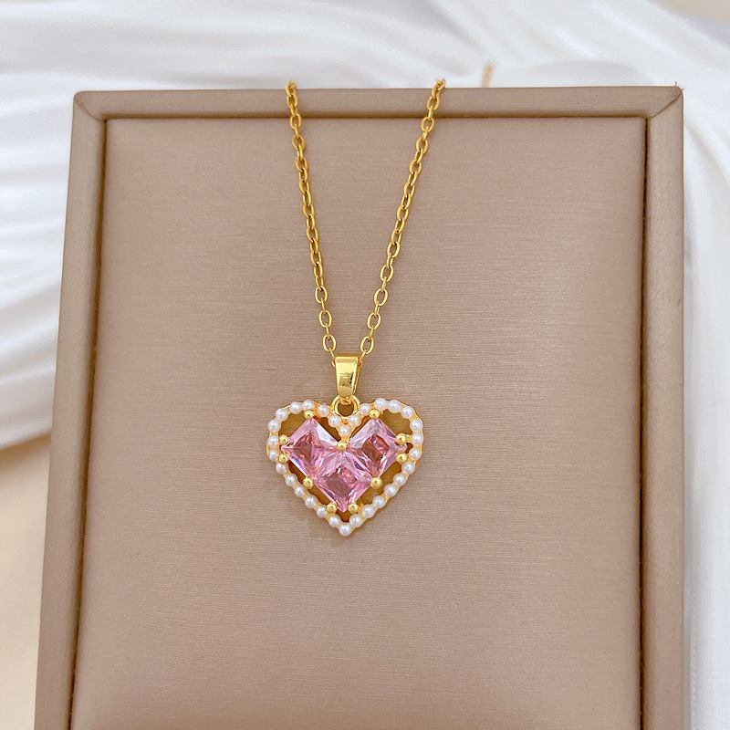 Wunderschöne Perlenherz Halskette Mit Diamanten Edelstahl Kette_voghion.com