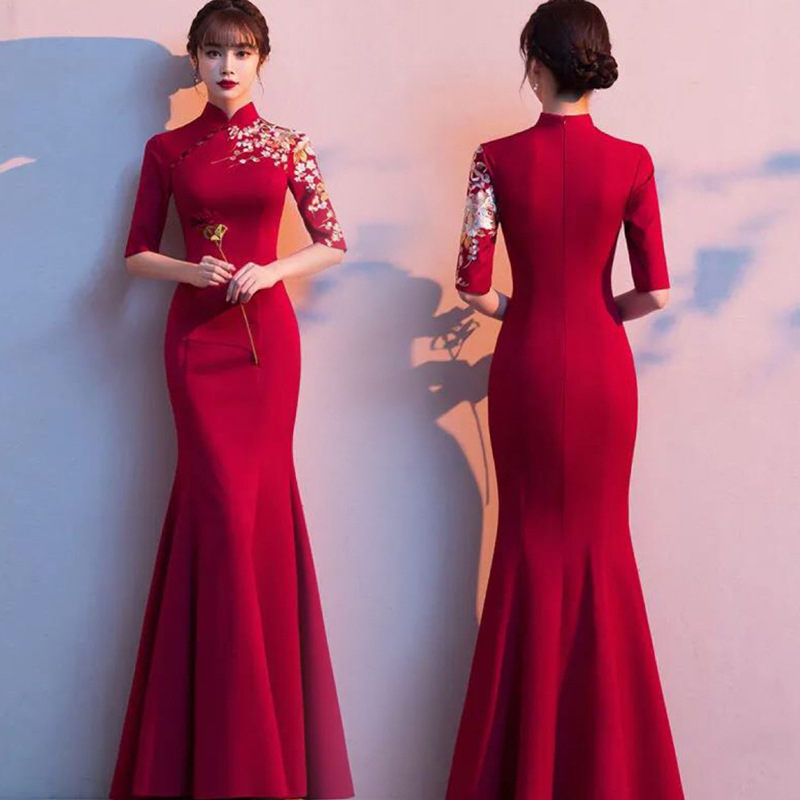旗袍中式敬酒服新娘女中国风复古红色结婚礼服改良年轻款日常