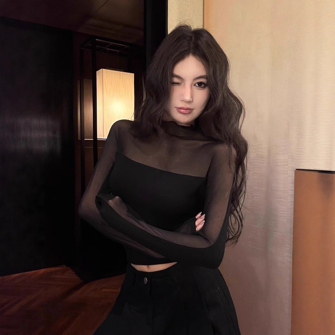 섹시한 핫 소녀 스타일 바닥 셔츠 여성 티셔츠 봄, 가을 새로운 스타일 시스루 메쉬 긴팔 탑 대외 무역 도매