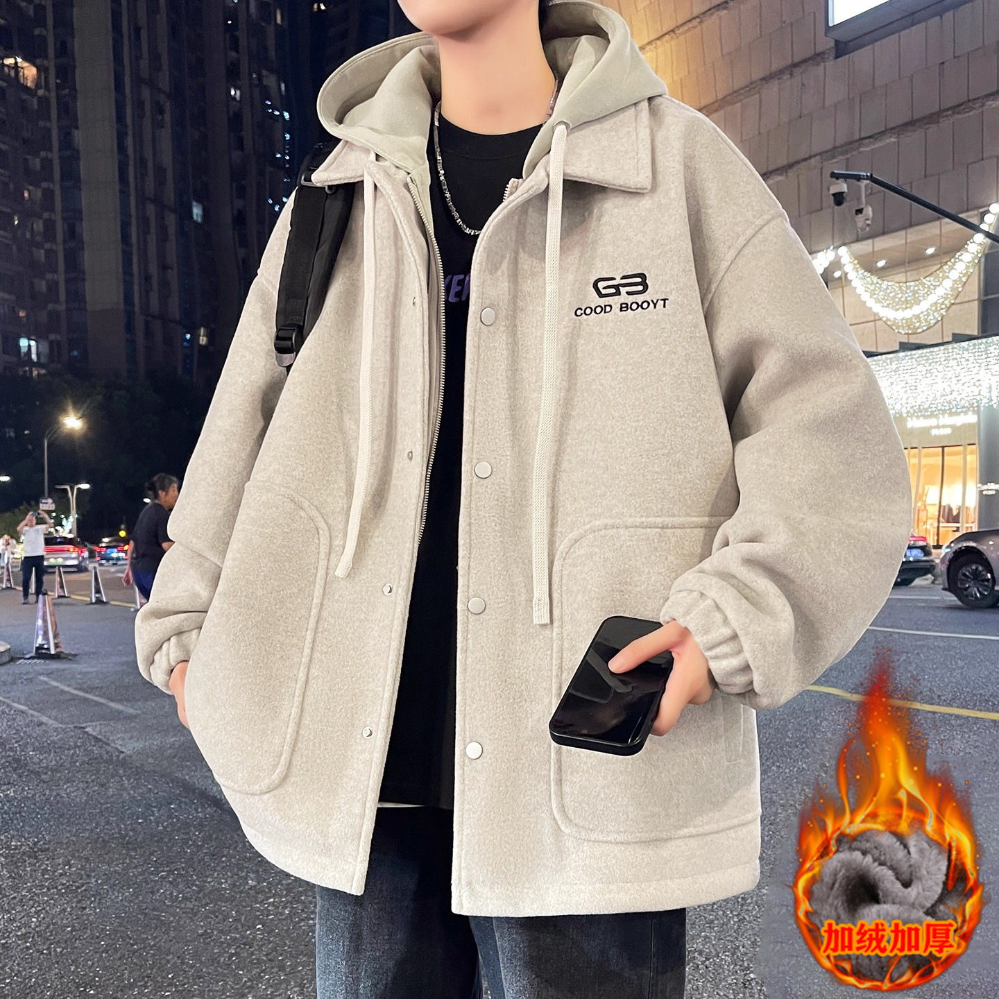 Fake Two-Piece Hooded Jacket for Men, New Autumn and Winter Style, Fleece-Lined, Thickened, Warm, Casual Woolen Jacket, Men's Clothing