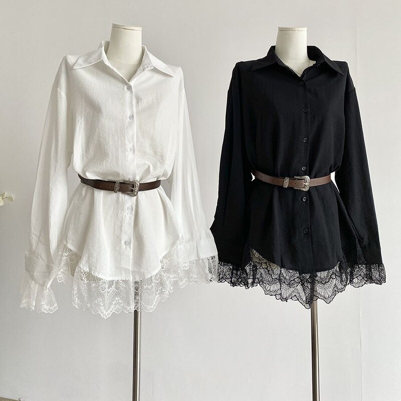 Zhao Lusi's Same Style! Super Photogenic Polo Collar Dress with Belt, Spicy White Long-Sleeve Shirt Design
