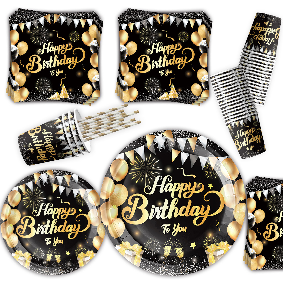 Fiesta de cumpleaños de oro negro transfronterizo desechable feliz cumpleaños cartón de color tazas de papel mesa de postres diseño de decoración