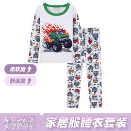 男童爆款2件套怪兽汽车印花图案圆领长袖长裤家居服睡衣套装