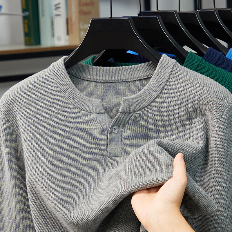 Pure Cotton Henley Collar Long-Sleeved Knitwear Men's Spring and Autum New Casual Simple Pure Color V Neck Bottoming Shirt