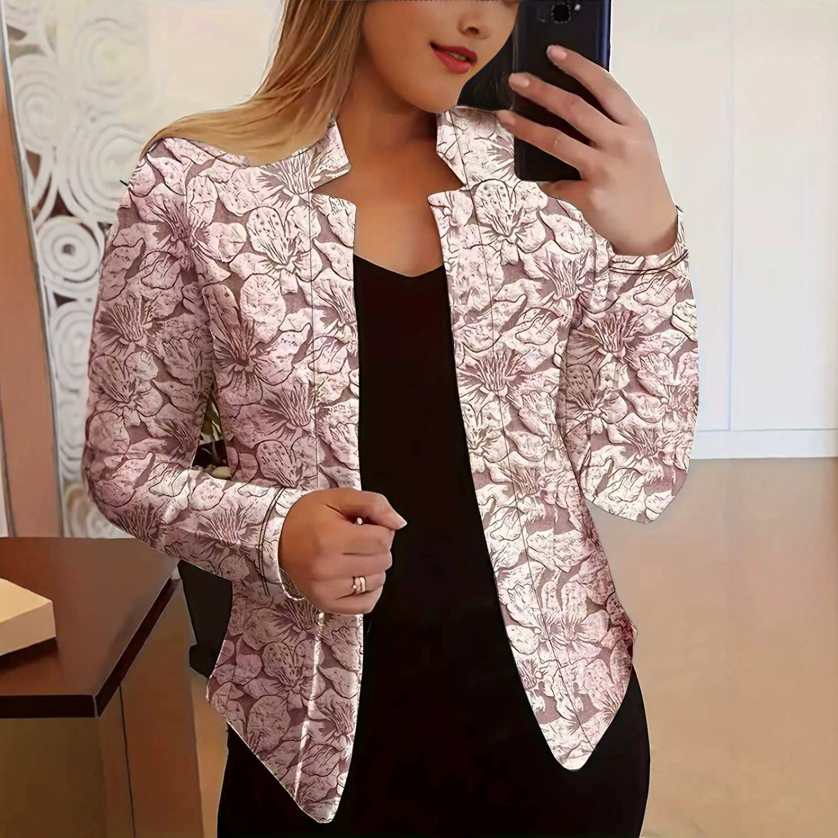 Retro Print Blazer for Women Casual Long Sleeved Open Front Office And Workplace Suitable Blazer_ecoleips.com