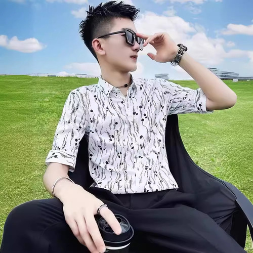 Summer Ice Silk Shirt Men's Short Sleeve Business Casual Iron-Free Collar Shirt Men's Middle-Age Printed Upper Garment