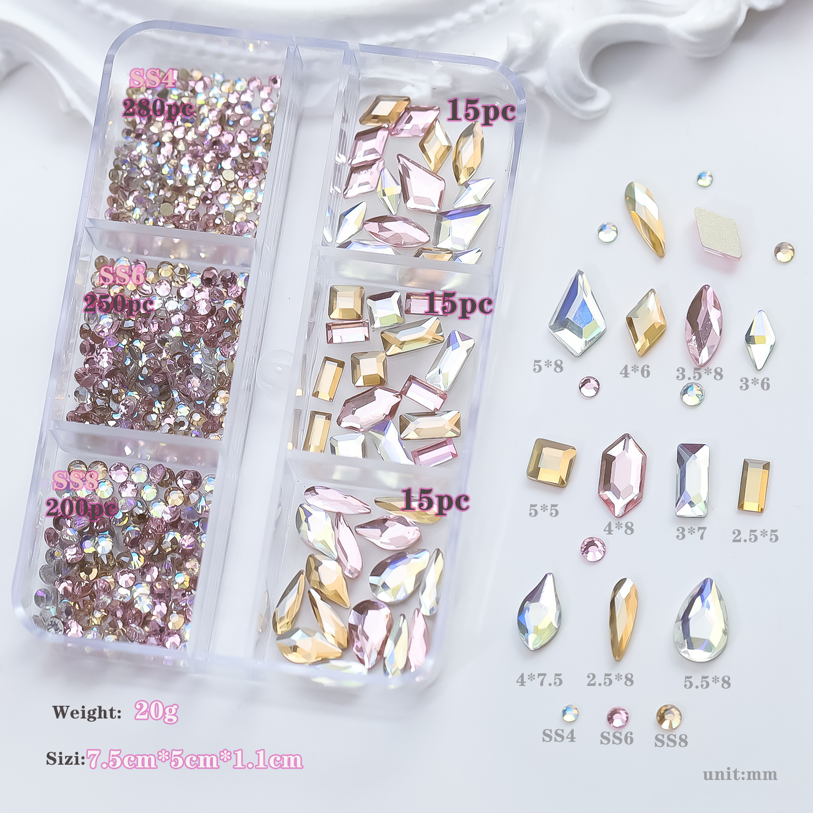 Super Shiny Glass Nail Art Rhinestones Pink Series Ss4 Ss8 Flat-Back Rhinestones 775 Pieces Pack Irregular-Shaped Rhinestones Nail Art DIY Material Kit