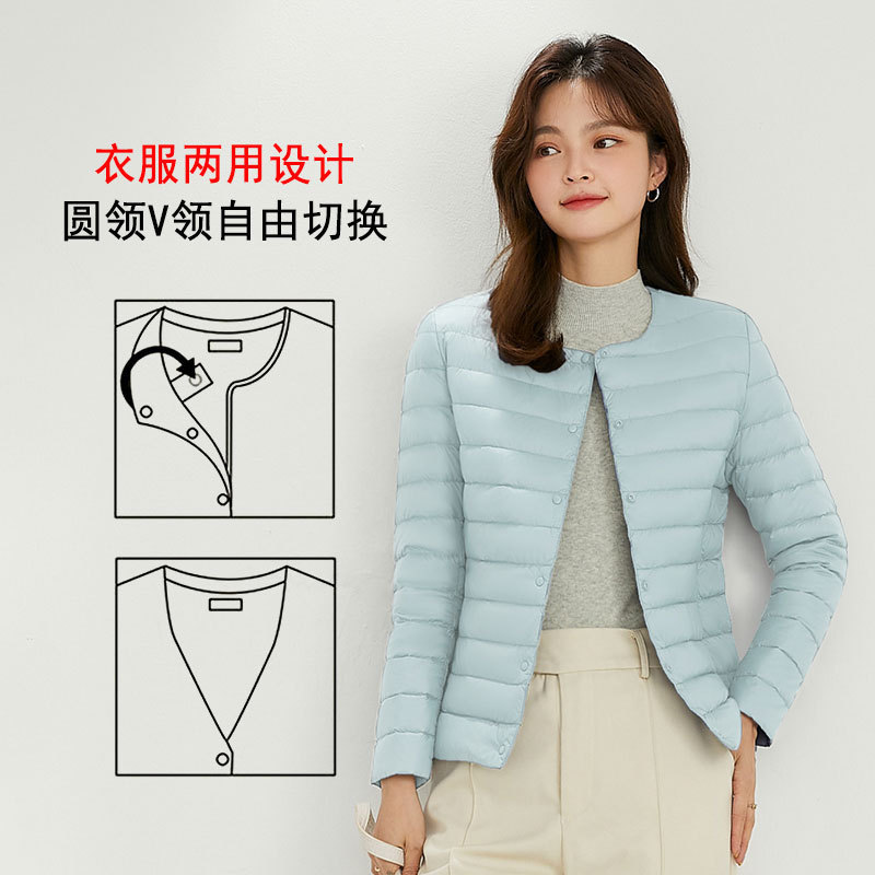 Nuevo chaqueta de plumón ligera para mujeres de invierno y otoño, chaqueta de cuello redondo de cuello en V, doble chaqueta corta grande y delgada