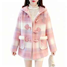 2025冬季新款加厚爱心牛角扣毛呢大衣连帽格纹夹棉保暖外套
