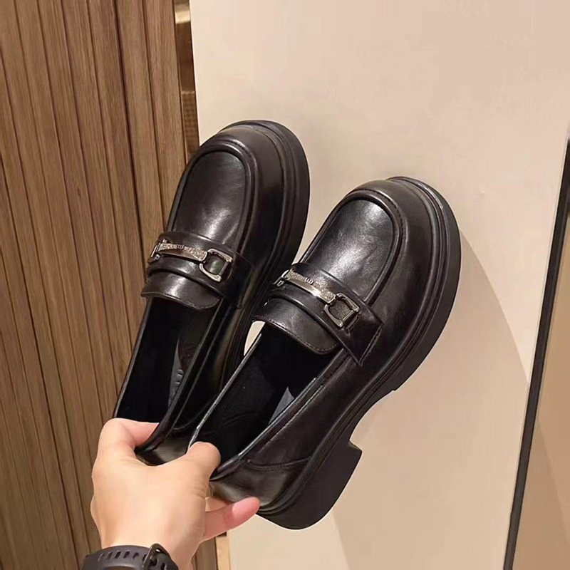 跨境真皮厚底小皮鞋女圆头百搭复古时尚休闲复古一脚蹬乐福鞋女|undefined