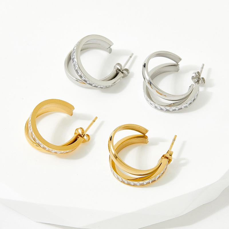 PVD Coated Gold Plating Process 304 Stainless Steel Ear Needle Material Fashion C Shape Inlay 304 Stainless Steel Zircon 16K Gold Plated White Gold Plated Gold Plated Stainless Steel Earrings