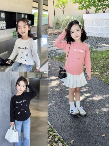 Girls' Lacey Cotton Bowknot Long-Sleeve T-Shirt Fresh Korean Version 2025 Spring and Autumn New Long T-Shirt 2025 Spring Style Fashion