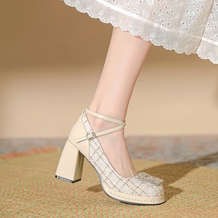 Chunky heel high heels Women's Spring platform platform platform platform platform stitching cross buckle elegant princess shoes rhinestone hollow shoes