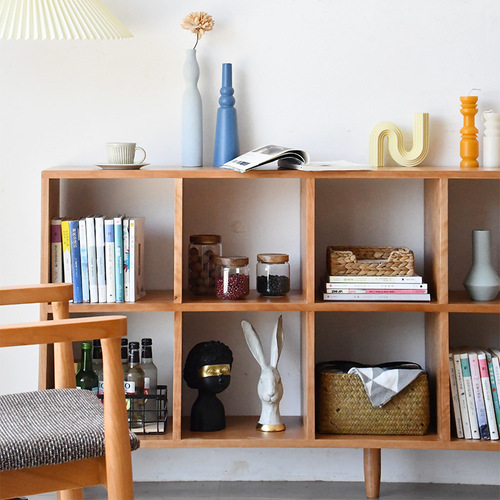 Nordic cherry wood bookshelf display rack, solid wood living room bookshelf shelf, partition Japanese study multi-layer bookshelf