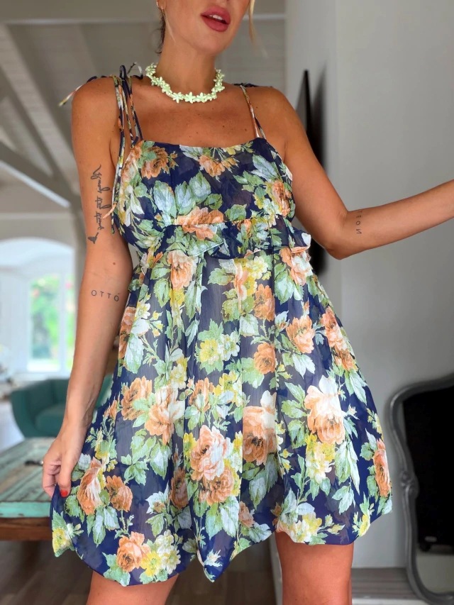 Bohemian Floral Print Spaghetti Strap Maxi Dress With Ruffle Hem, Relaxed Fit For Vacation & Daily Wear_ecoleips.com