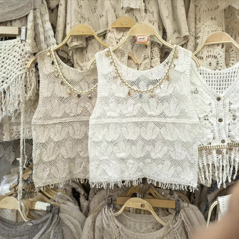 45.00 kg-60.00 kg Cotton Sequin Shell Vest Clip French Cut-Out Knitted Round Neck Lace Vest Camisole Top