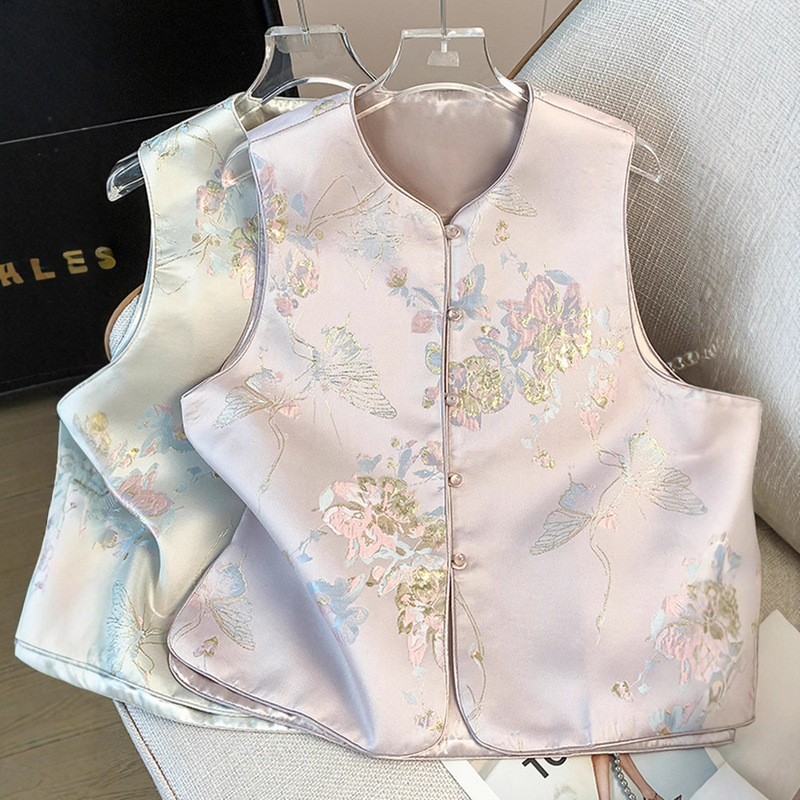 Chinese Style Jacquard Acetate Satin Vest for Women 2025 Spring New Chinese Style Button Round Neck Waistcoat Top