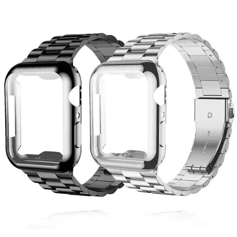 Suitable for Apple Iwatch11 Three-Bead Stainless Steel Apple Watch 8/7/6 Generation Metal Watch Strap Full-Cover Tpu Watch