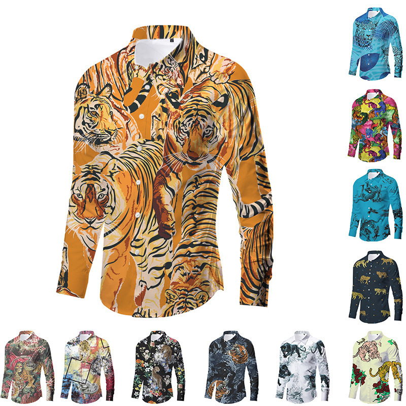Stretch Bamboo Stretch Bamboo Cross-Border Large Size Men's Clothing Animal Print Slim Men's Long Sleeve Shirt Wholesale Trend