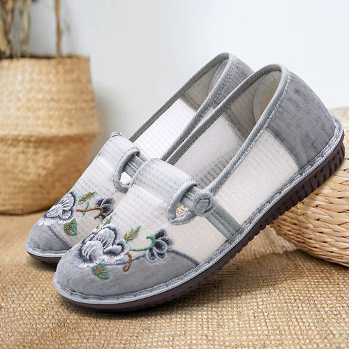 Cloth shoes for women  summer mesh breathable mom shoes one-leg soft sole women's shoes casual ethnic style embroidered shoes