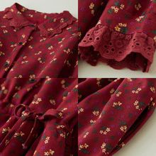 品牌折扣秋冬小碎花加绒连衣裙蕾丝花边拼接翻领抽绳收腰长款裙子