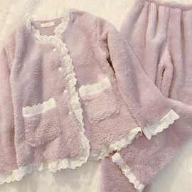 女童珊瑚睡衣秋冬季2025花边甜美新款加绒加厚家居服法兰绒套装
