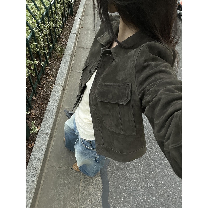 美式复古咖色短款麂皮外套女2025秋季新款高级感休闲百搭夹克上衣|undefined