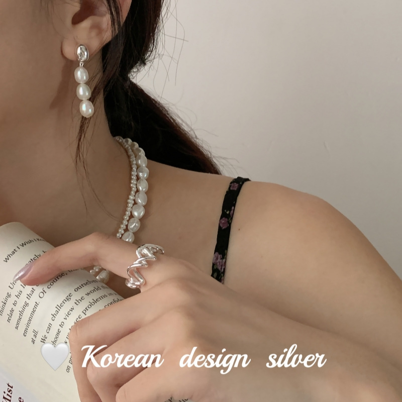 韓國ins博主同款飾品 S925純銀簡約長款天然淡水珍珠耳環流蘇耳墜