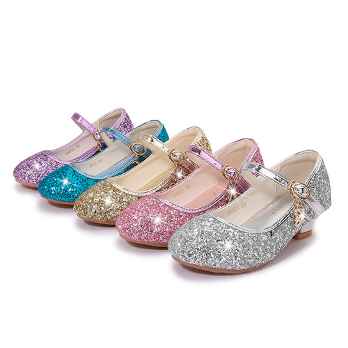 Children's High Heels, Girls' Fashion Student Silver Sparkle Performance Shoes, Female Baby Etiquette Flower Shoes