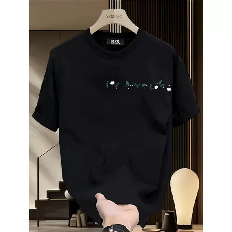 [Высококачественная мужская одежда] 2025 тяжелая футболка из чистого хлопка с короткими рукавами, модная и универсальная мужская облегающая футболка с круглым вырезом и принтом