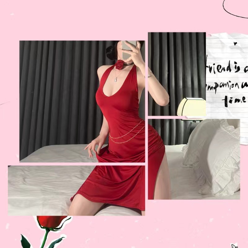 Bridal Cheongsam-Inspired Lingerie Dress with Deep-V Halter Neck and Red Waist Chain — detail image 6