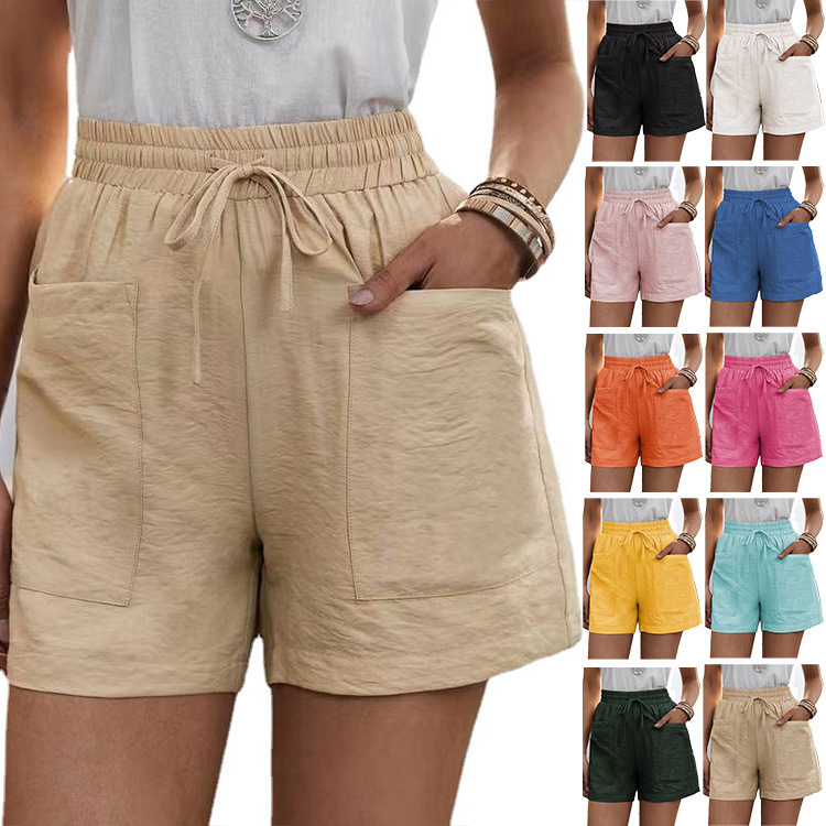 European and American Cross-Border Wish Summer Women's Popular Linen Texture Casual Shorts with Pockets, Solid Color, Plus Size, High-Waisted Wide-Leg Pants