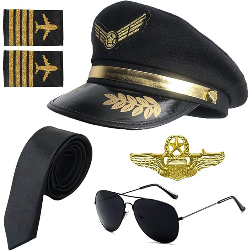 万圣节航空飞行员帽服装配件带机长帽肩章眼镜领带角色扮演套装|undefined