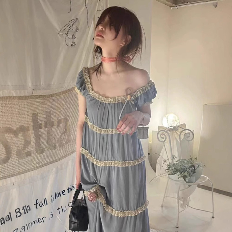In Stock French Lace Trim Cake Dress Summer Women's Loose Blue Casual Long Dress Freckle