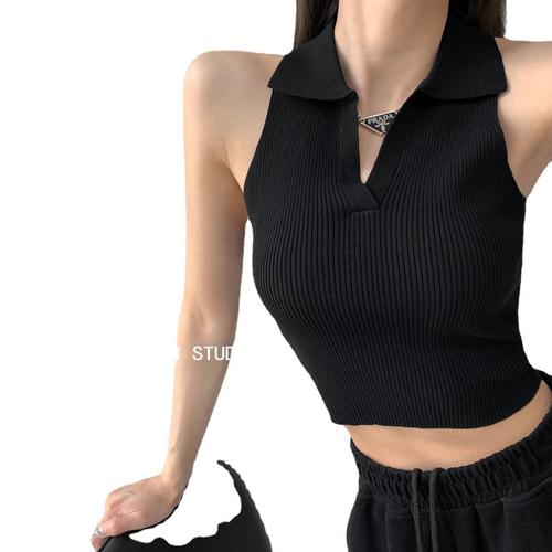 French-style temperament black slimming innerwear polo collar ice silk vest for women summer V-neck sleeveless knitted top