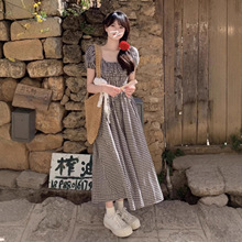 原版做法 前后打揽 格子收腰显瘦连衣裙夏日度假时尚海边沙滩裙