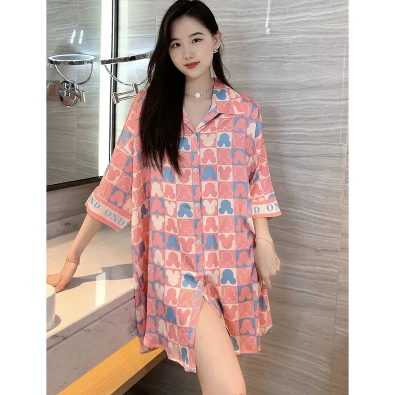 Pijamas de verano de mujer, falda de seda delgada y sexy, camisa simple, falda de pijama casera suelta, comercio exterior