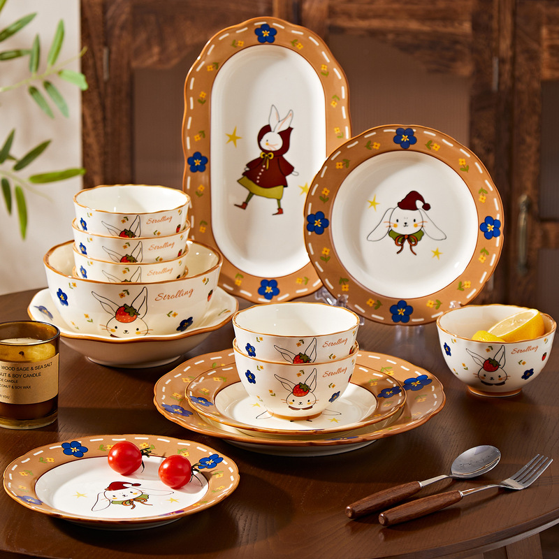 Little Red Book Cartoon Ceramic Tableware Cute Rabbit High-Looking Bowls and Dishes Home Dinner Plates Flat Plates Large Soup Bowls for Gifts