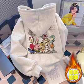 女童美式复古卡通海绵宝宝连帽卫衣秋冬设计感小众中大童加绒外套