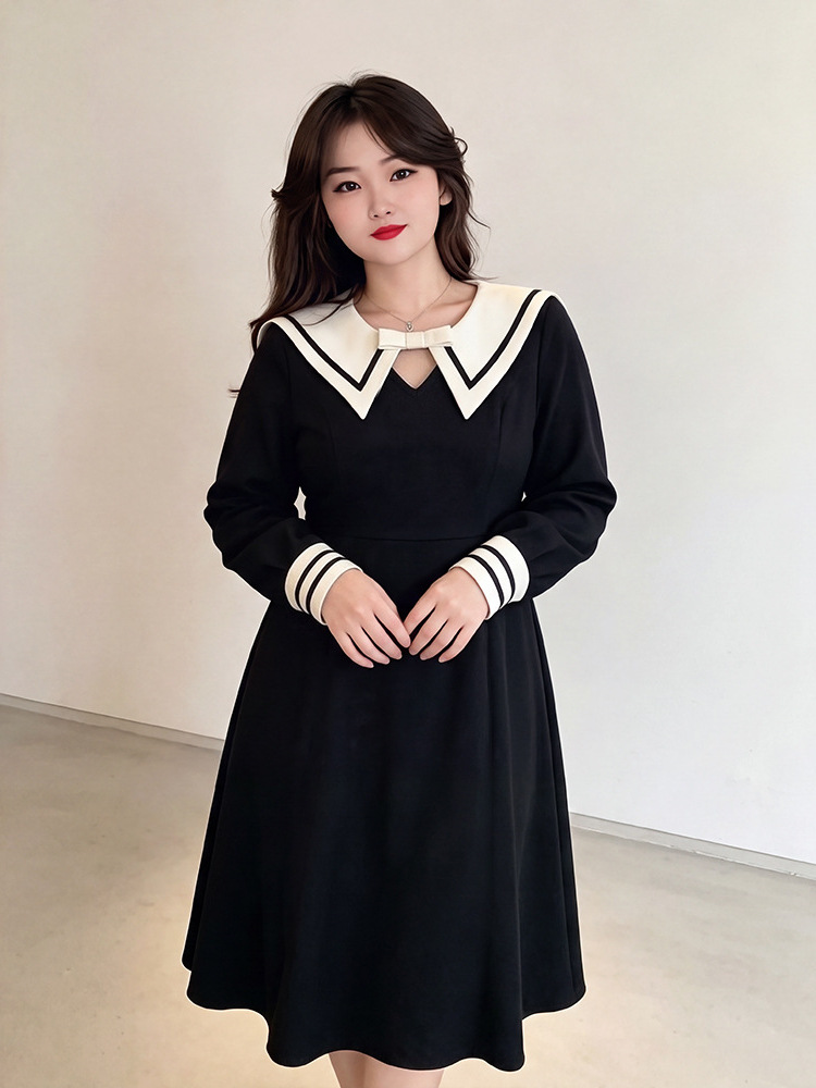 65-160kg Plus-Size Women's College-Style Dress for Spring and Autumn, Stylish Navy Collar Midi Dress with Added Fleece for Slightly Plump Figures 65-160kg Plus-Size Women's College-Style Dress for Spring and Autumn, Stylish Navy Collar Midi Dress with Added Fleece for Slightly Plump Figures