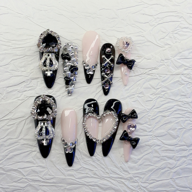 "Black Pink Heart" Mass-Produced Japanese-Style Detachable Handmade Wearable Nail Art Stickers