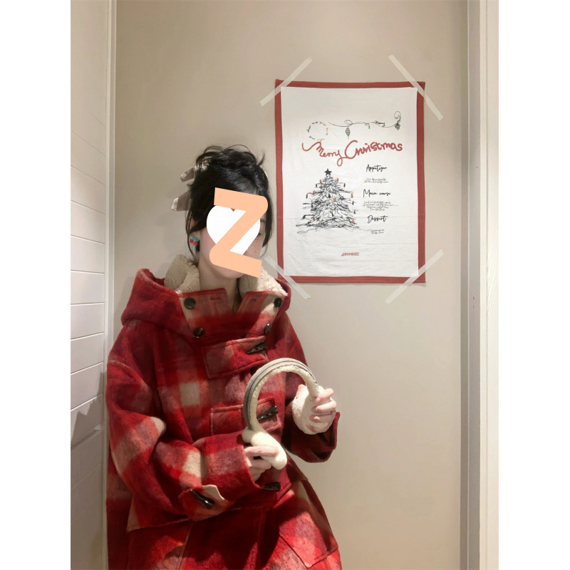 秋冬圣诞新年红重工设计感牛角扣连帽毛呢外套宽松保暖呢子大衣女