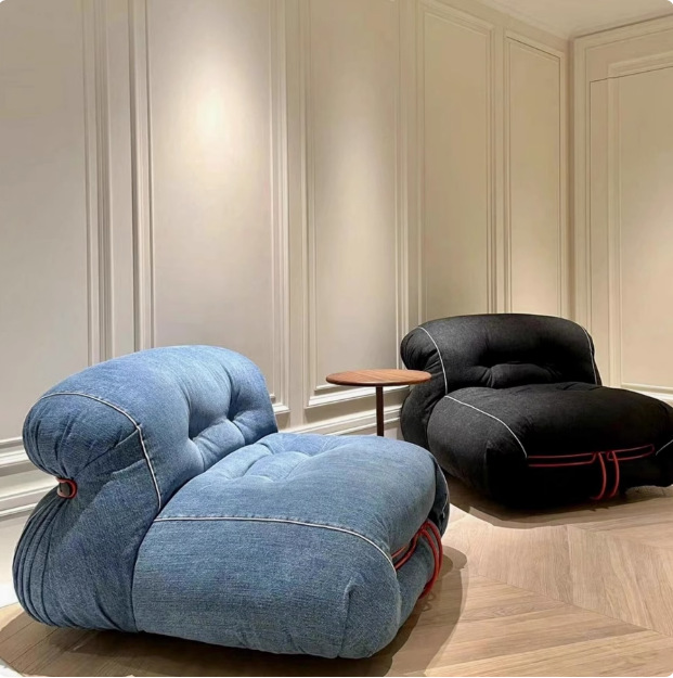 Steel-Toothed Denim Fabric Single Sofa Chair, Vintage Designer Hippo, Small Apartment Living Room, Wabi-Sabi Style