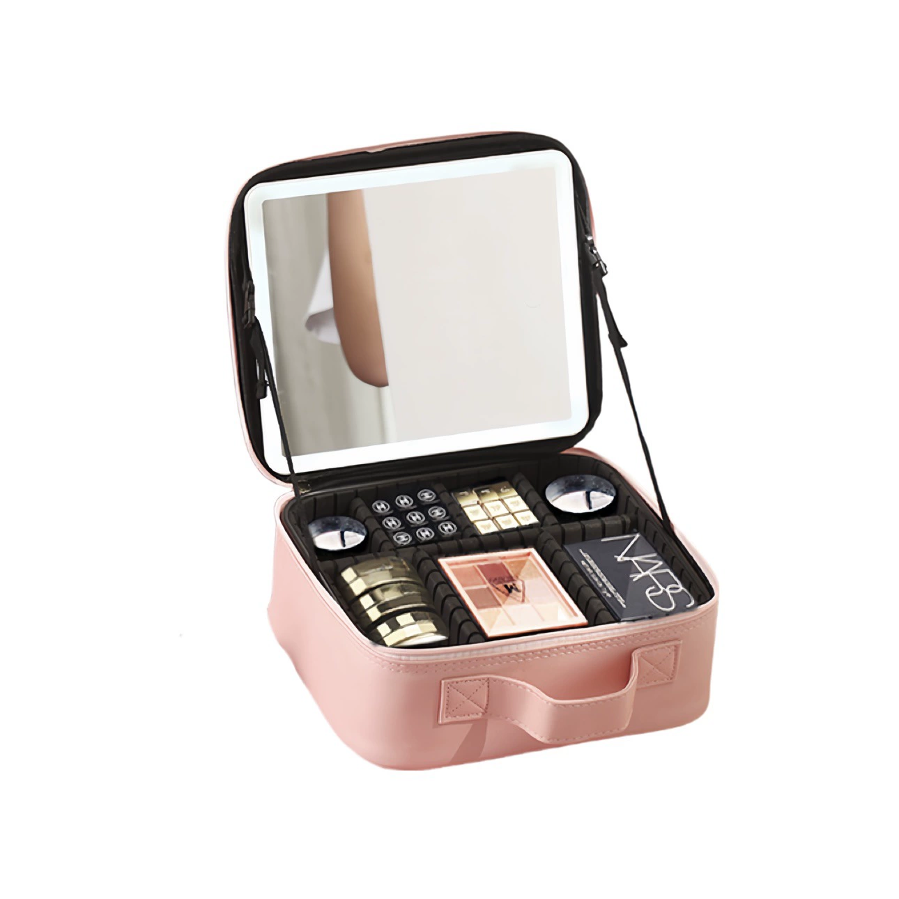 Mirror with light, handheld cosmetic bag, capacious organizer bag