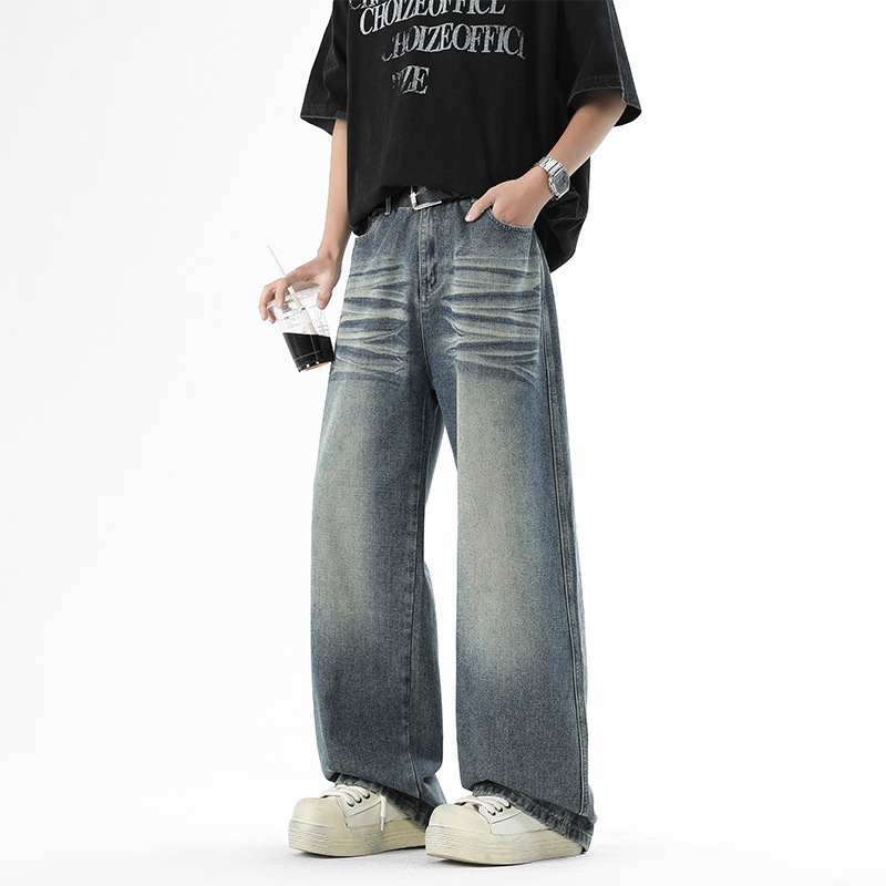 2026 Four Seasons Washed Denim Jeans Solid Color Retro Hong Kong Style Loose Straight Casual Pants Versatile Denim